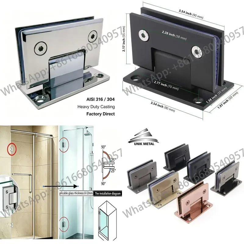 Stainless Steel 316 304 Shower Door Hinge 90 Degree Glass to Wall Clamp Factory Price for Bathroom Frameless Glass Door