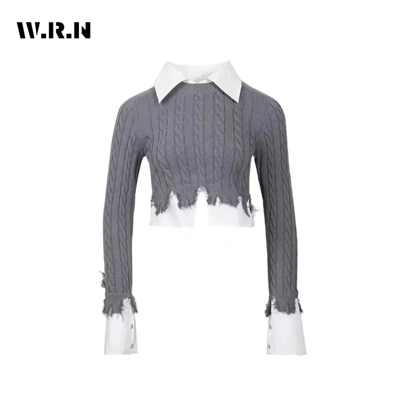 2024 Summer Coquette Patchwork Sheath Long Sleeve Turn Down Collar T-shirt Women Sexy Casual Hotsweet Slim Knit Club Tees Top