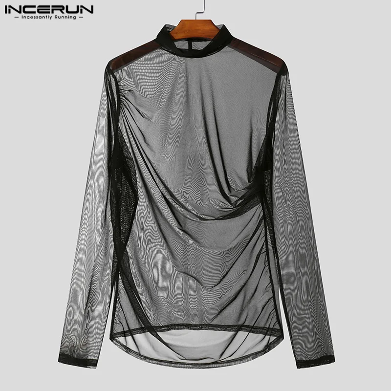 INCERUN Elegant Mesh Spilicing See Through T-Shirts Men High Collar Well Fitting Ruffles Design Camiseta Simple Long Sleeve Tops