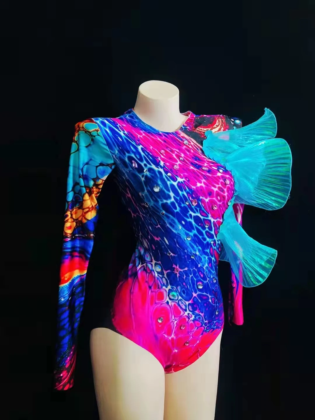 Flashing Rhinestones Printed Bodysuit DJ Singer Latin Pole Dance Costume Elastic Leotard Club Party Show Rave Clothing Tights