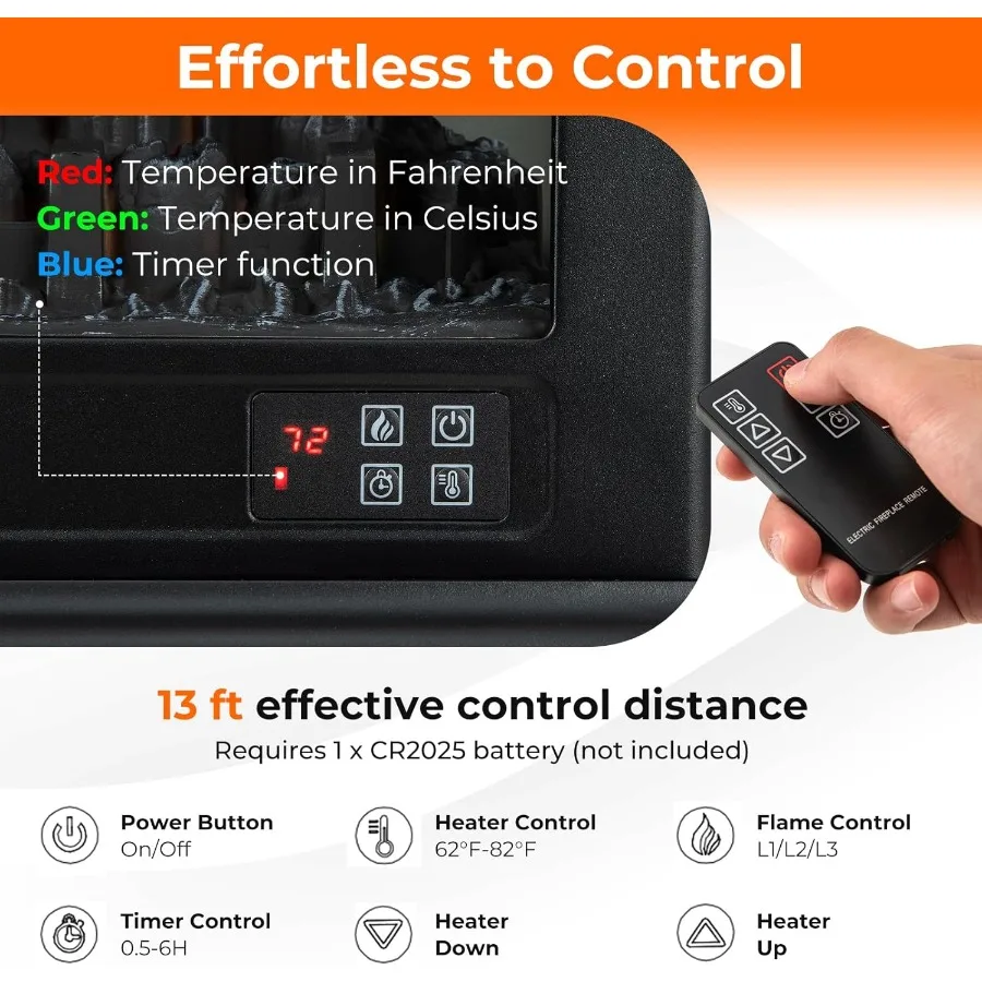 23 Electric Fireplace Stove for Living Room or Bedroom Heating with 3-Level Dimmable Flame Effect 6H Timer Remote Control Compa