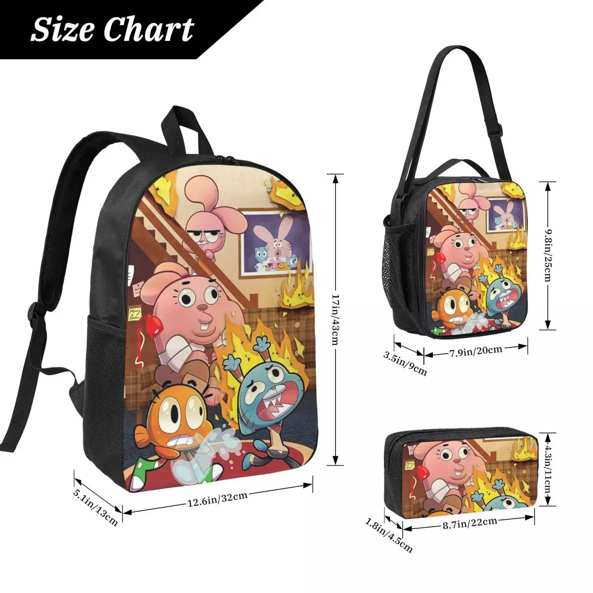 The Amazing World Of Gumball Cartoon Backpack BookBag School Bag Computer Shoulder Bags 3ps Insulated Lunch Bag Pencil Case