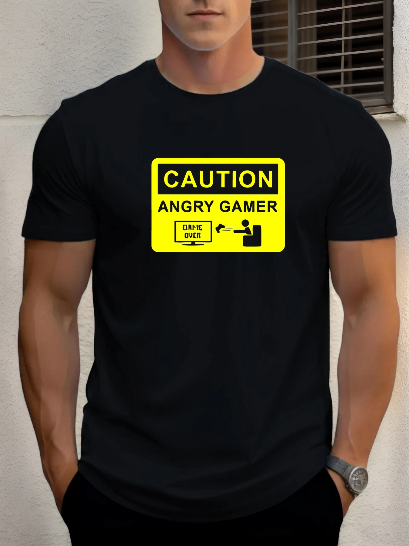

Men's cotton T-shirt, summer round neck short sleeves, CAUTION ANGRY GAMER printed breathable streetwear fashion cool T-shirt
