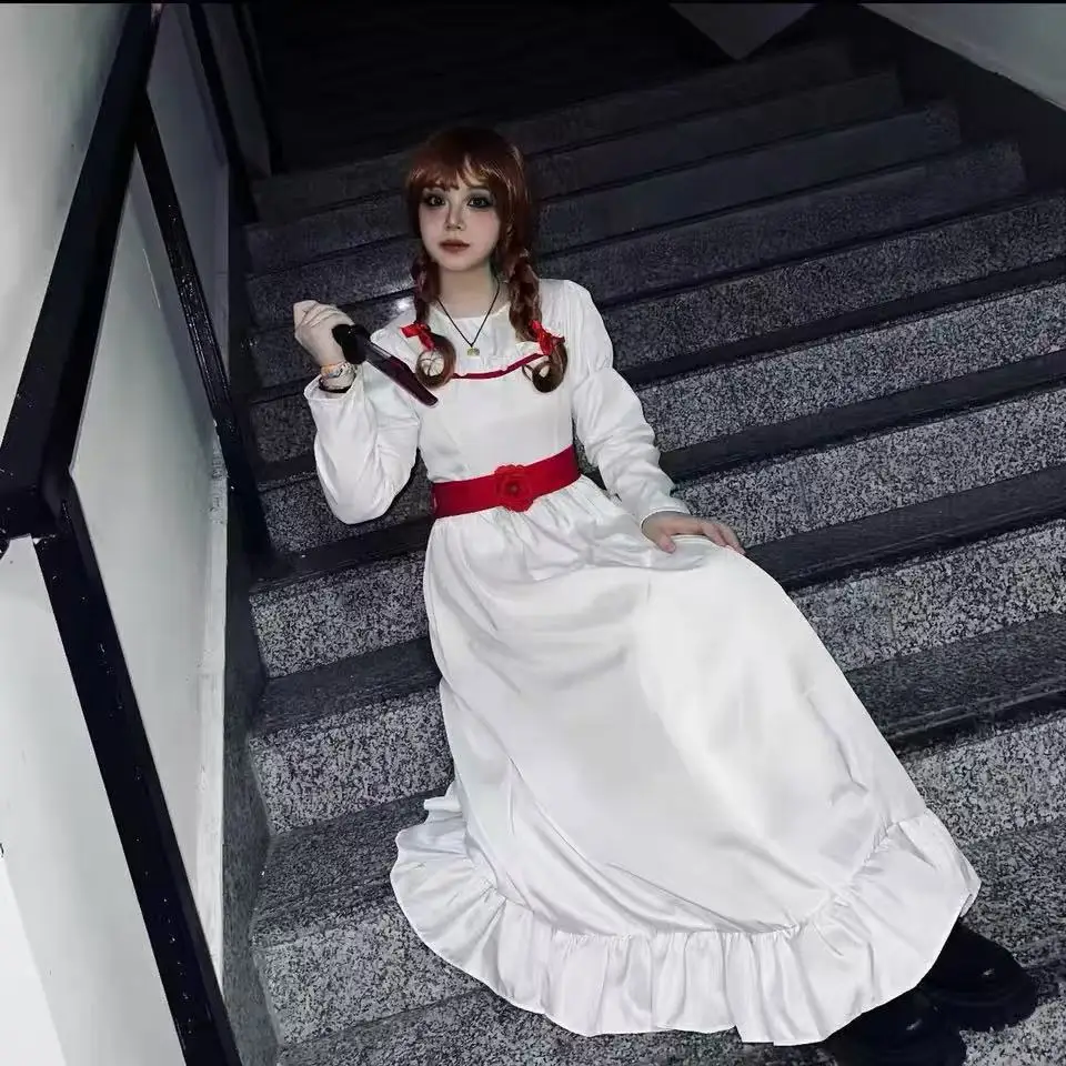 

Conjing Doll Annabelle Cosplay Costume Horror Bride of Chucky Annabelle White Long Dress Women Girls Evil Halloween Scary Outfit