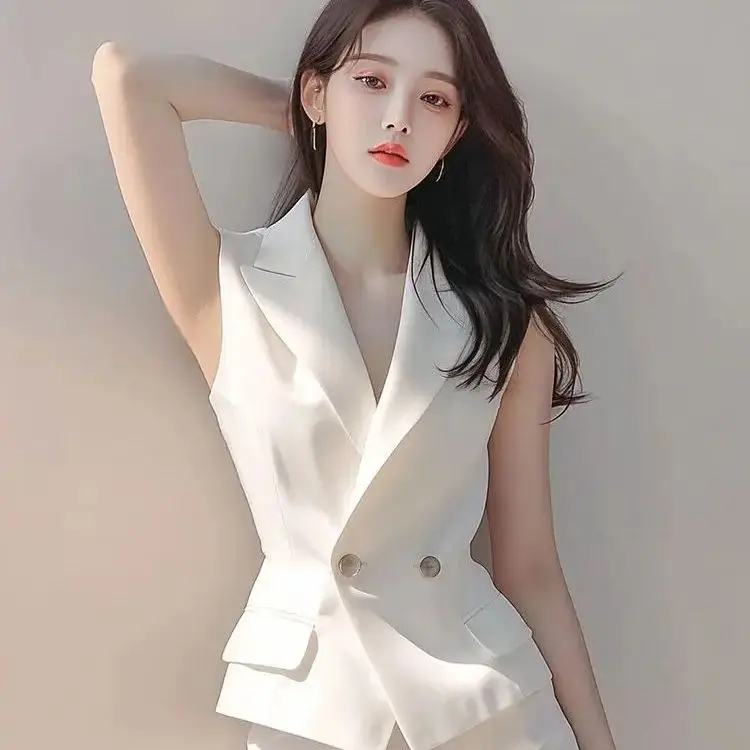 Korea Summer 2 Pieces Set For Women White Sleeveless Tops And Shorts Suits V-Neck Fashion Elegant Office Ladies Work Set Suit