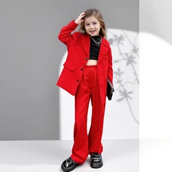 Girls Suit Fashion Loose Red Jacket Pants 2-Pieces Spring School Kids Clothes Casual Teens Children Interview Blazer Set 10 12 Y