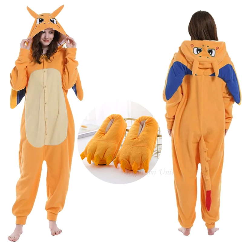 Charizard Fleece Onesie Sleepwear For Kids Kigurumi Unicorn One-Piece Cartoon Anime Pajama Girl Halloween Party Cosplay Costume