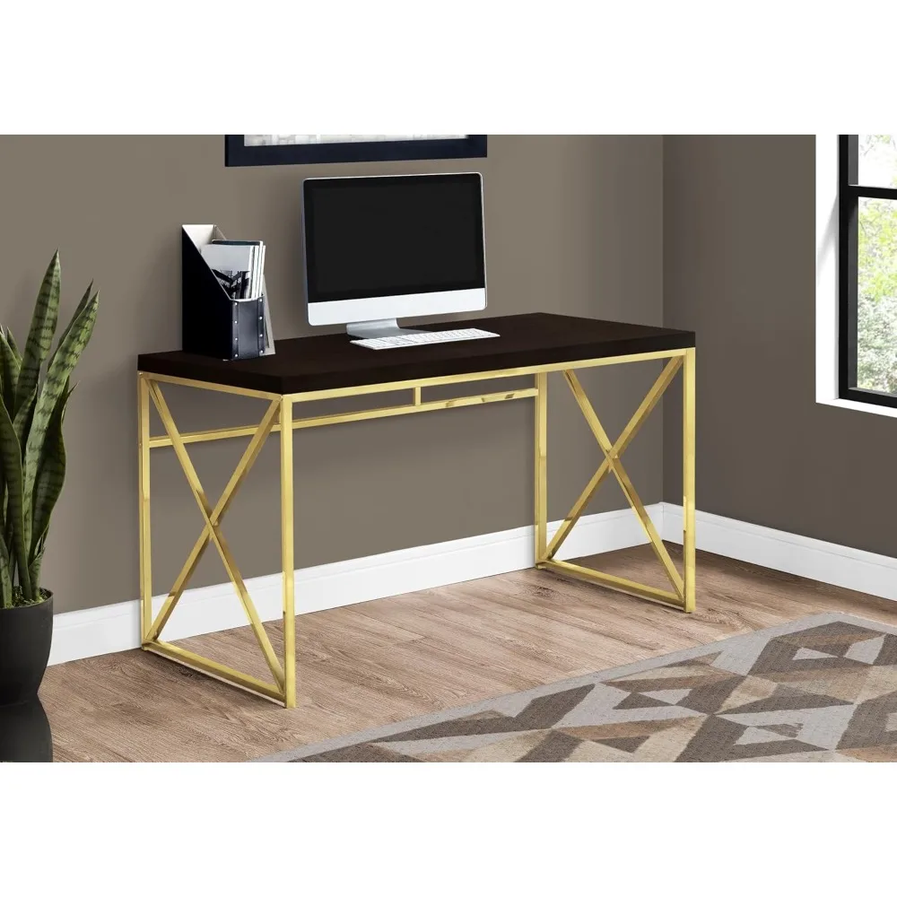 

Computer desk, home office, laptop, work, metal, laminate flooring, brown, gold, modern
