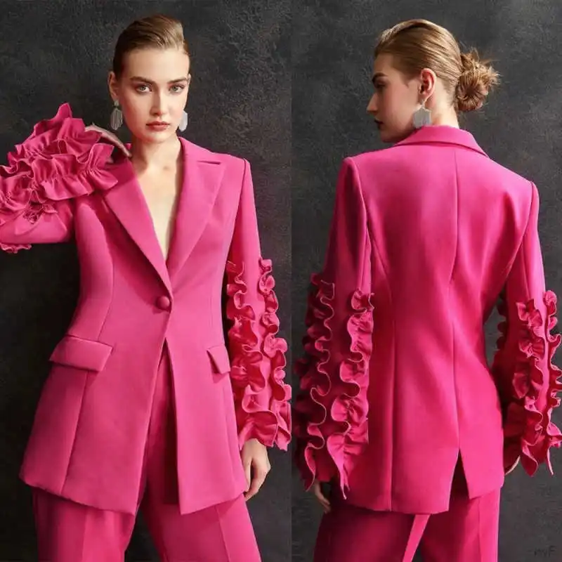 Elegant 2 Pieces Women Suits Dresses Peaked Lapel One Button Blazer Loose Customized Ruffle Sleeve Power Gown