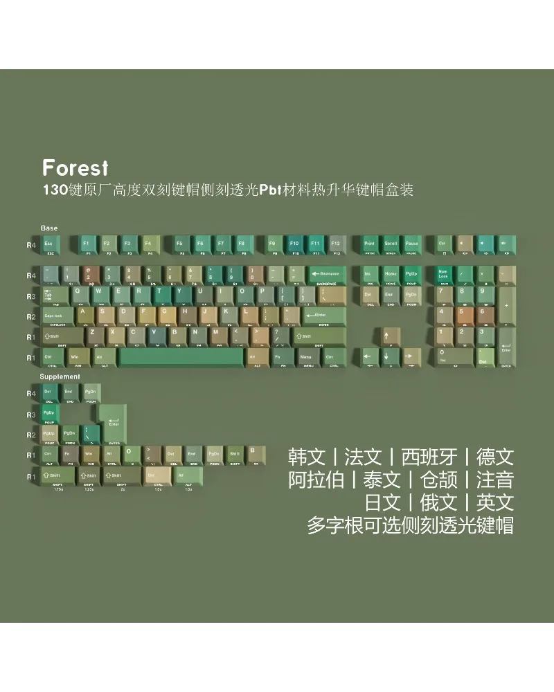 Forest double engraving light transmission Pbt original full set of keycaps Korean Russian Thai small language Wooting