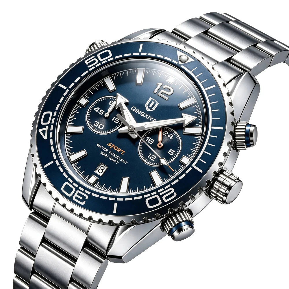 QINGXIYA Brand High Quality Quartz Watch for Men Luxury Stainless Steel Waterproof Luminous Calendar Chronograph Watches Mens