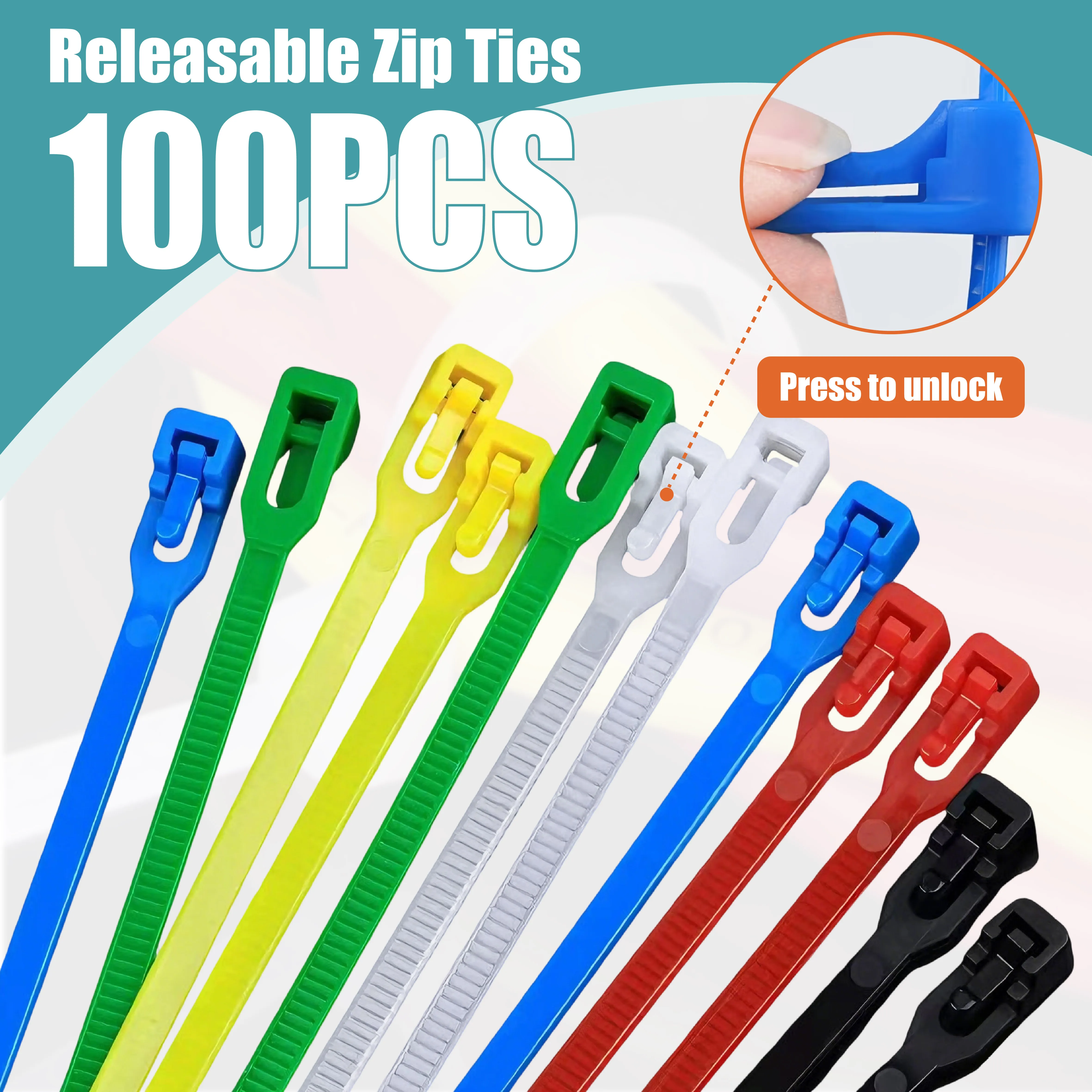 100Pcs Releasable Cable Zip Ties, 8 Inch (20cm) Reusable Nylon Wire Ties in 6 Colors, Press to Unlock Adjustable Multi-Purpose Fastening Ties for Home Office Garage Organizing