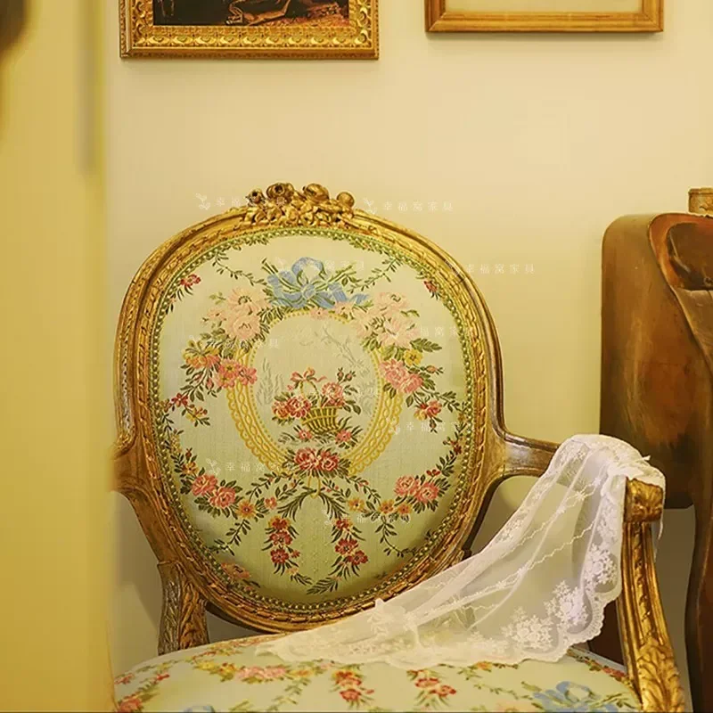 Solid Wood Carved Flower Gold Foil Dining Chair Embroidered Fabric Armchair for Dressing Room Study Villa Clubhouse Casual