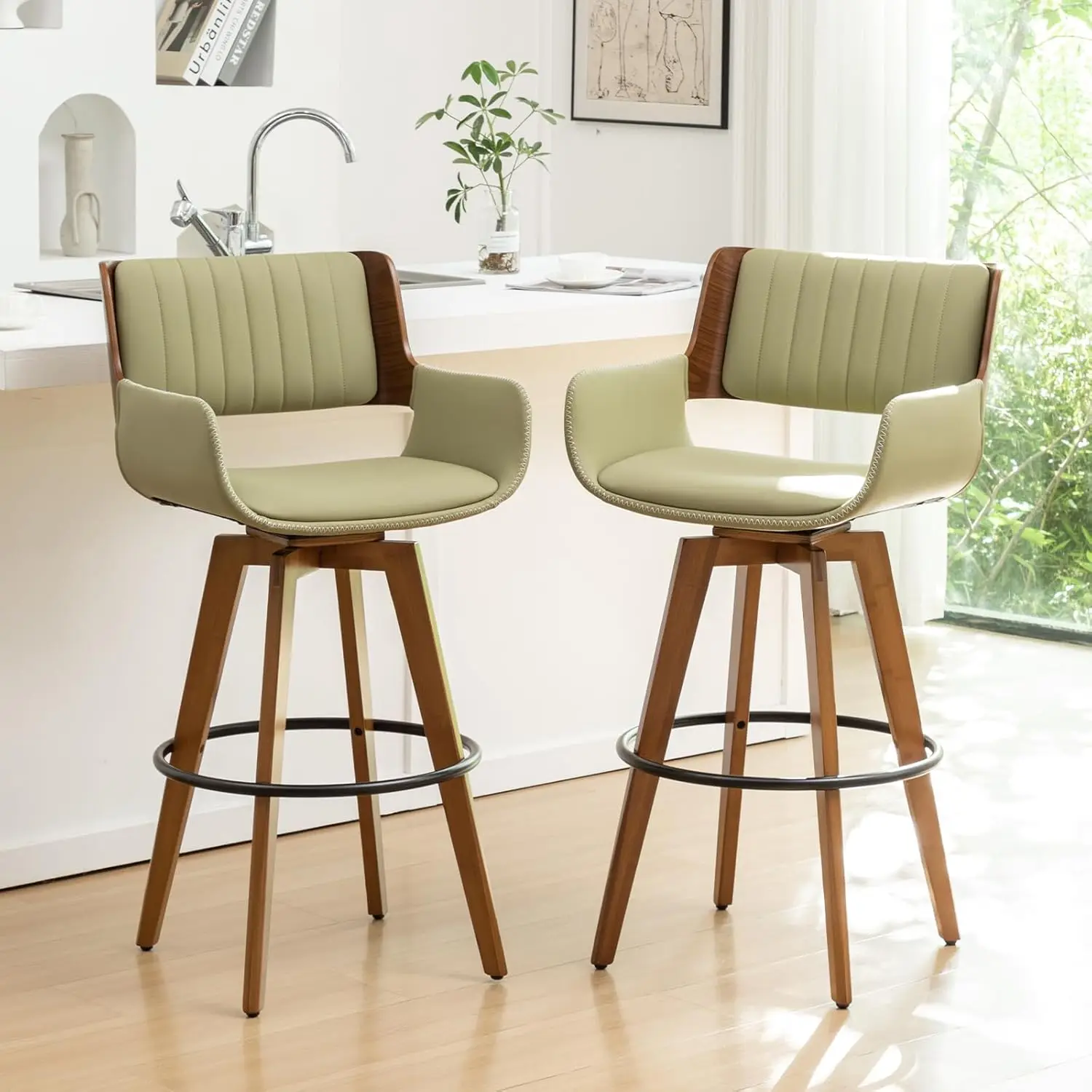 

Зеленые барные стулья, комплект из 2 штук, высота 30 дюймов, вращающиеся, с спинками и подлокотниками, из искусственной кожи, на заказ