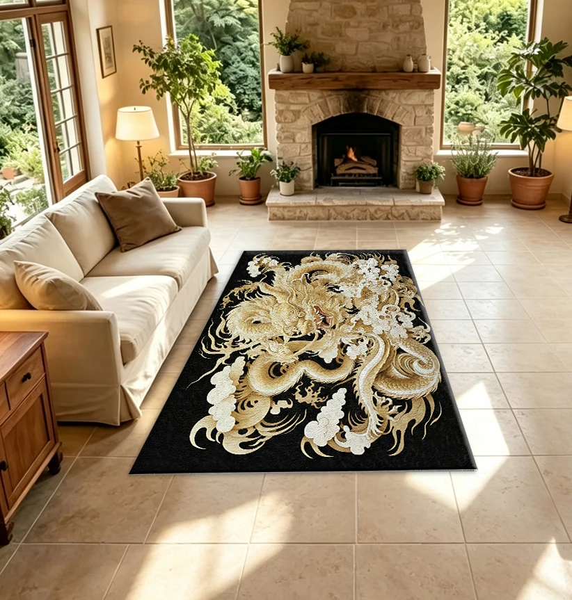 Traditional Chinese Dragon Pattern Printed Carpet, Retro Oriental Style Non-Slip Floor Mat, Suitable for Home Living Room and Bedroom Decoration