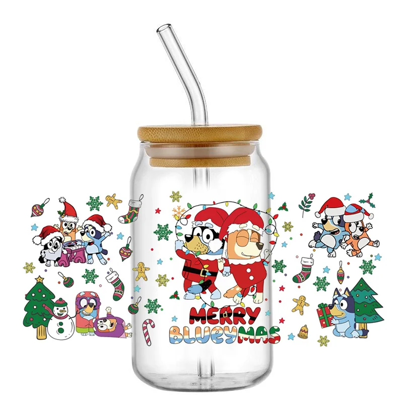 Miniso Christmas Cartoon Dog 3D UV DTF Sticker For Glass Cup Can Wrap Transfer Decal Sticker Custom Labels DIY Logo Gift