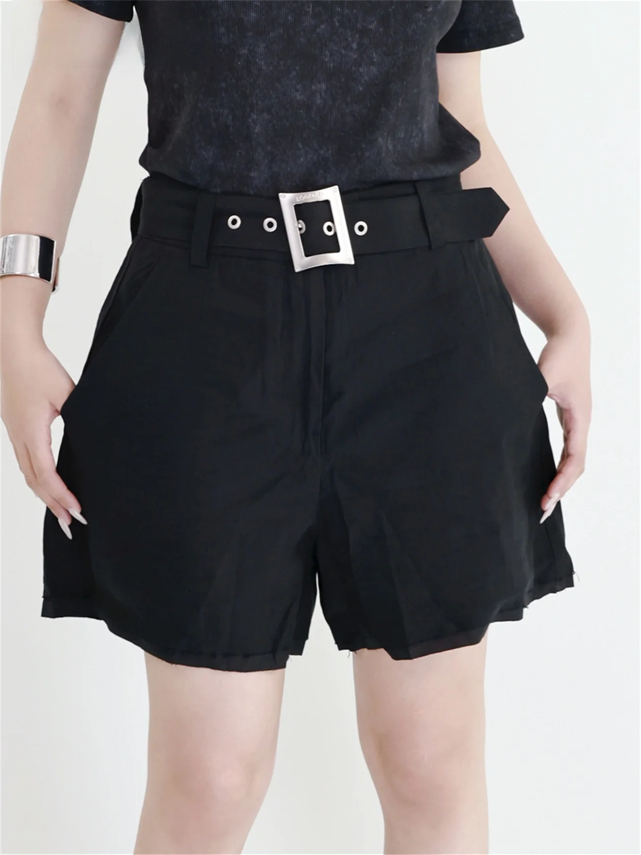 

Шорты с высокой талией А-силуэта, черные, с асимметричными вставками, пэчворк, лето 2026, новинка, повседневные брюки из смесового хлопка и полиэстера