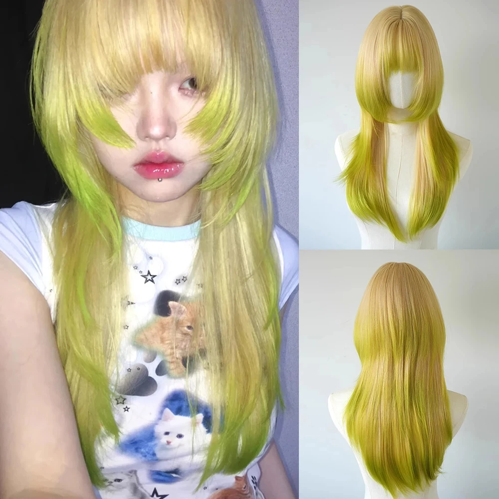 

Y2k Jellyfish Head Synthetic Layered Blonde Ombre Green Wig Long Straight Fluffy Wig for Daily Party Lolita Cosplay