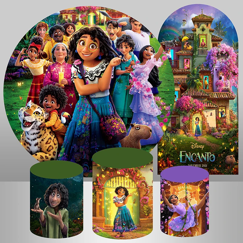 

Encanto Mirabel Isabella Round Backdrop Cover Disney Movie House Magic Girls Happy Birthday Photography Background Plinth Covers