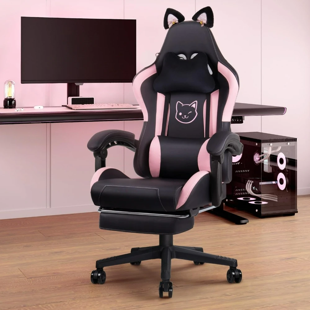 كرسي ألعاب وردي للفتيات مع وسادة قطة وأذنين قطة، كرسي كمبيوتر مريح للفتيات مع مسند للقدمين ومسند للرأس