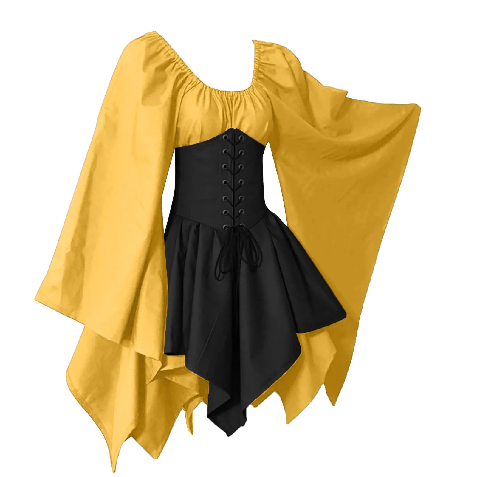 Women Vintage Gothic Style Cosplay Dresses Lace Up Waist Irregular Hem Prom Dresses Ladies Batwing Sleeves Square Collar Dresses