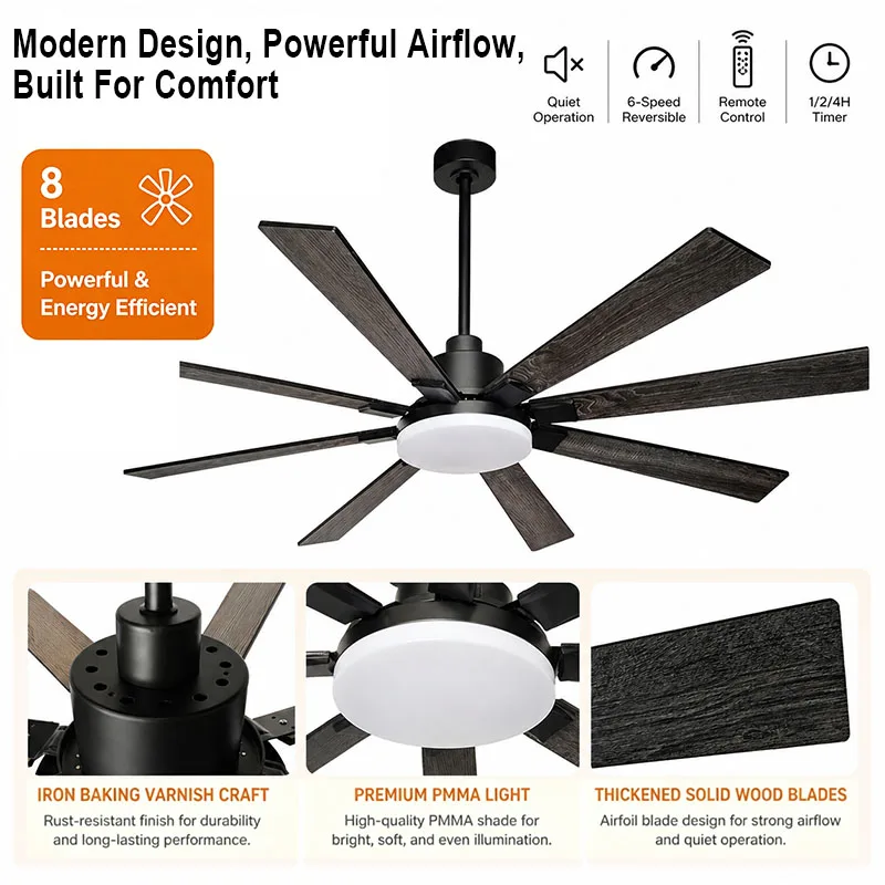 72 inch ceiling fan high wind power silent motor electric fan remote control dimming timed  living room dining room  light fans