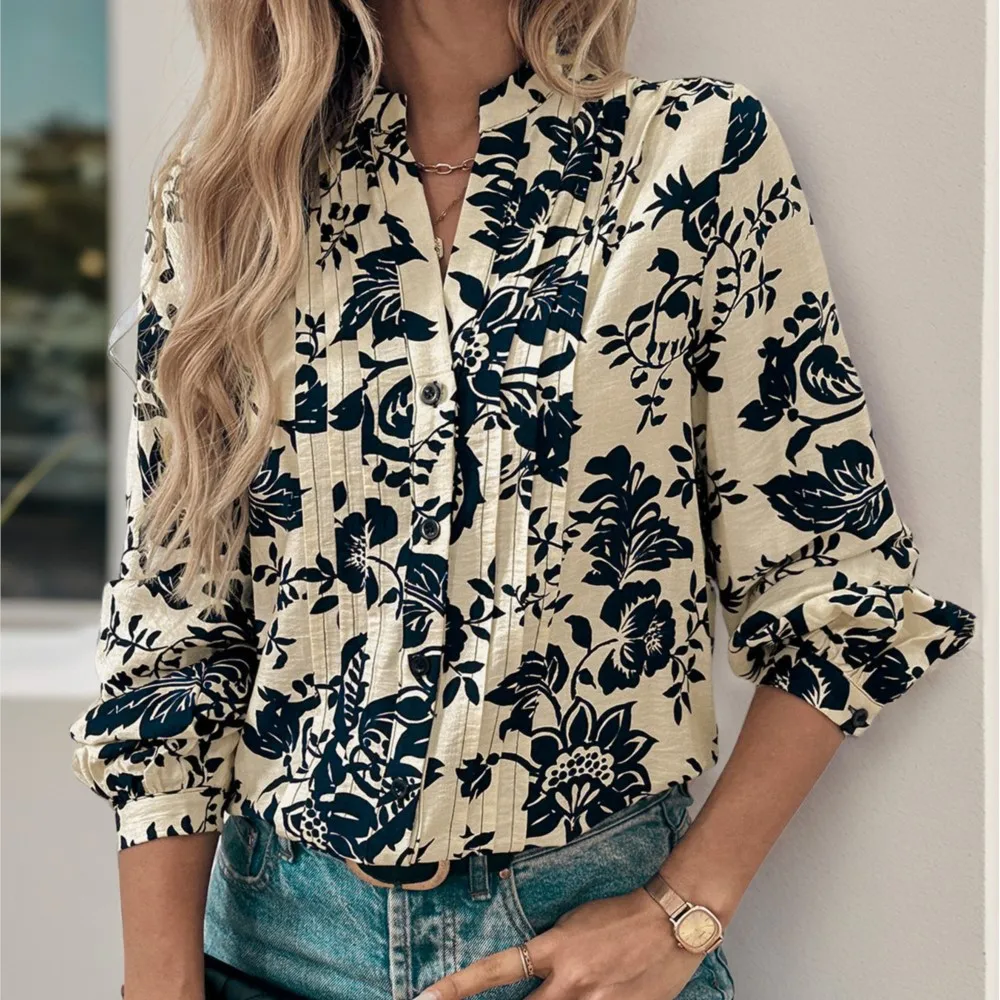 ملابس نسائية متعددة الاستخدامات، قميص أنيق بياقة واقفة مطبوع بأكمام طويلة، مناسب تمامًا، فضفاض وبسيط، مريح