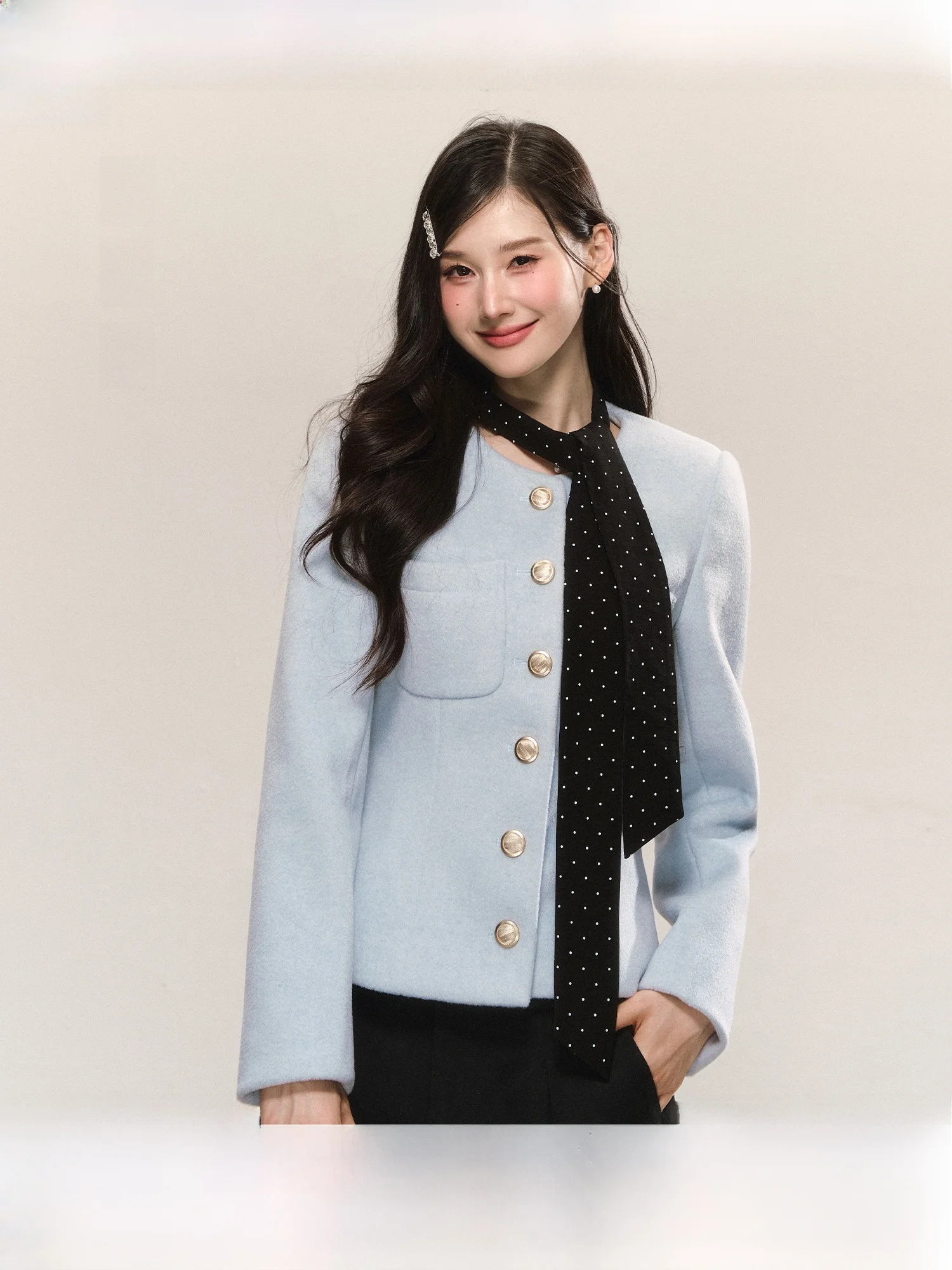 

Синее шерстяное пальто QDQD Sweet Sle College Faion с поясом, облегающий кардиган Sweet Sle из полиэстера Long Sve round Ne