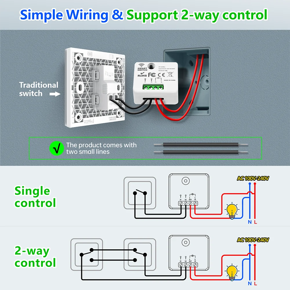 433Mhz Wireless Smart Light Switch Without Neutral,220V 110V Single Live Wire Receiver and Wireless Panel Switch,for Lamp ON/OFF