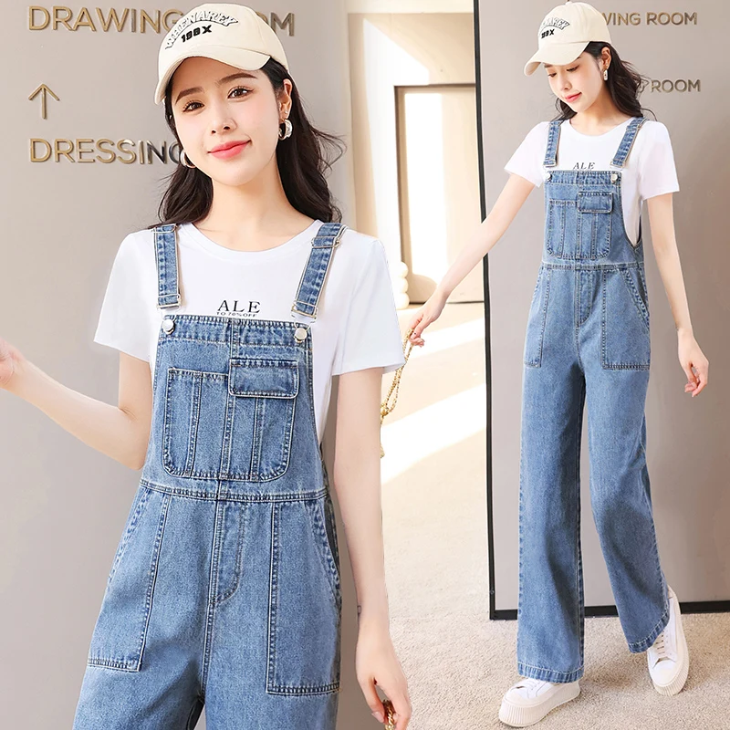 Korean Sle Loose Women's Denim Overalls Faionable Two-Piece Set High Waist Zipper Closure Cotton Blend Anti-Wrinkle