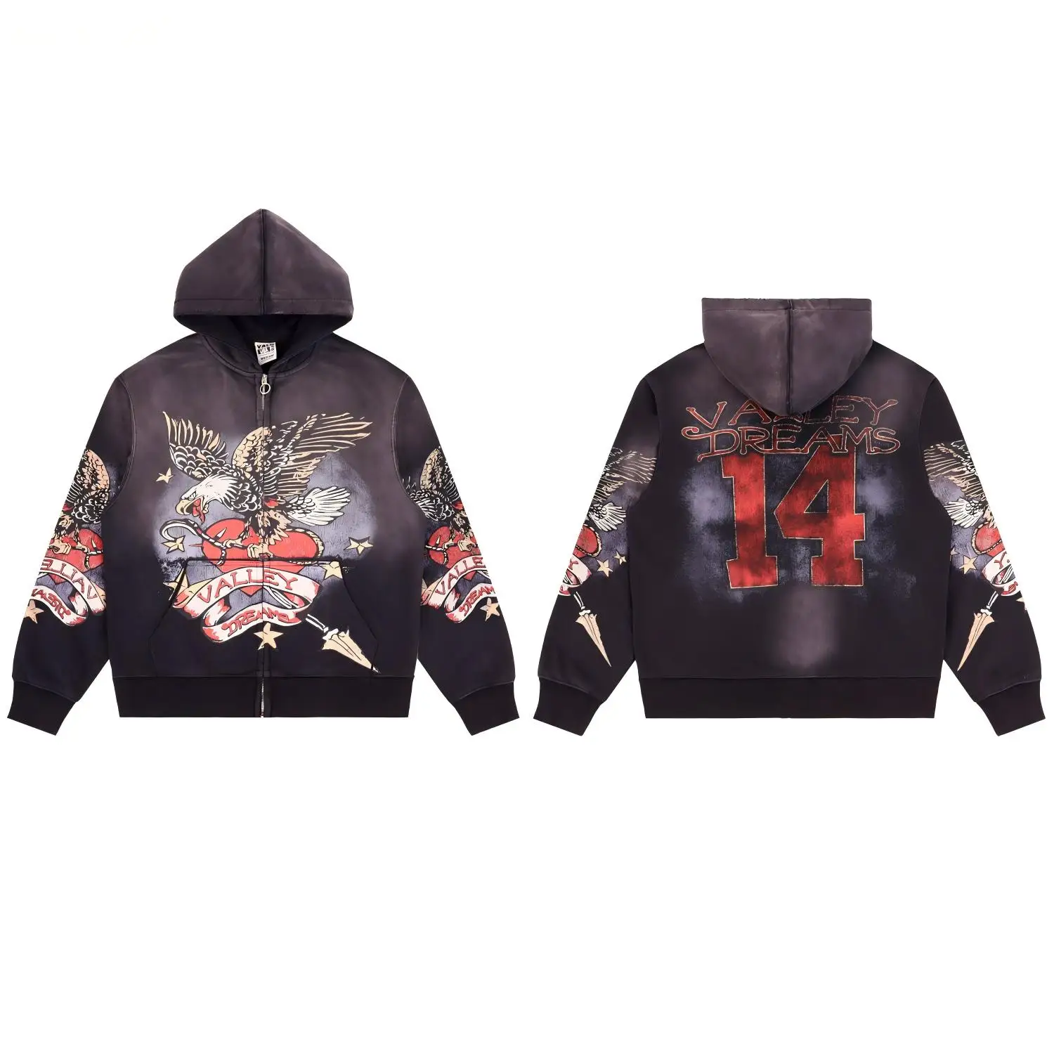 VALE FOREVER VALLEY Vintage Skull Print Washed Hooded Zip Jacket, High Street Casual Coat