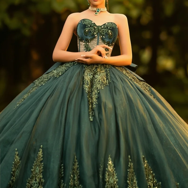 Dark Green Quinceanera Dress Glitter Crystal Decal Lace Long tail off-shoulder Bow Vestidos De 15 Quinceanera Customize