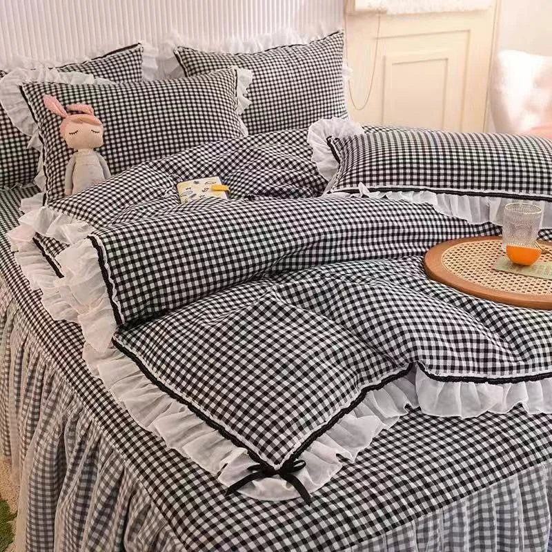 Checkered Bedding Set Bed Skirt Ruffle Lace Princess Style Girls Duvet Cover Simple Solid Color Home Textiles Decor Bedroom