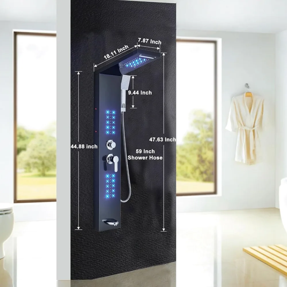 Black  Panel with LED Rainfall Waterfall Shower Head Contemporary Shower Faucet Full Body Shower System