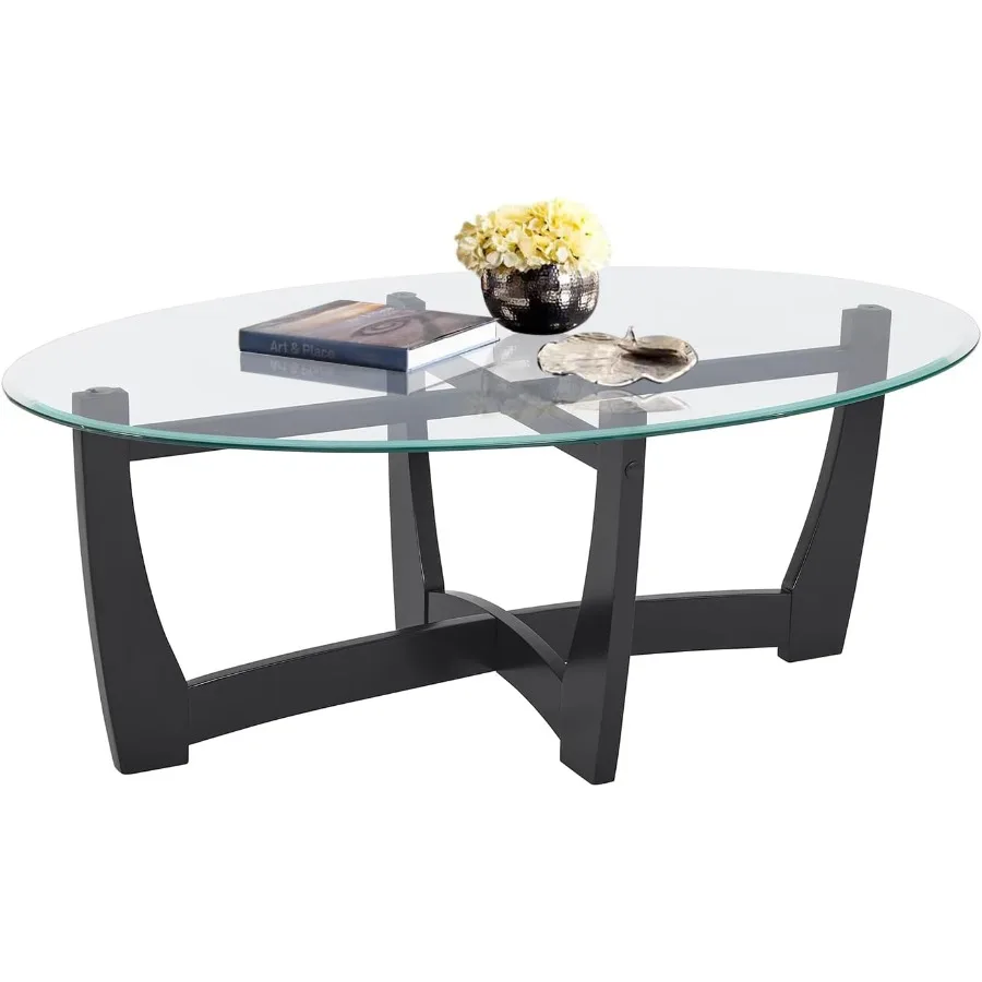 

48 Овальный стеклянный журнальный столик с крестообразной столешницей из закаленного стекла и основанием из цельного дерева. Простой современный центральный стол для гостиной, офиса.