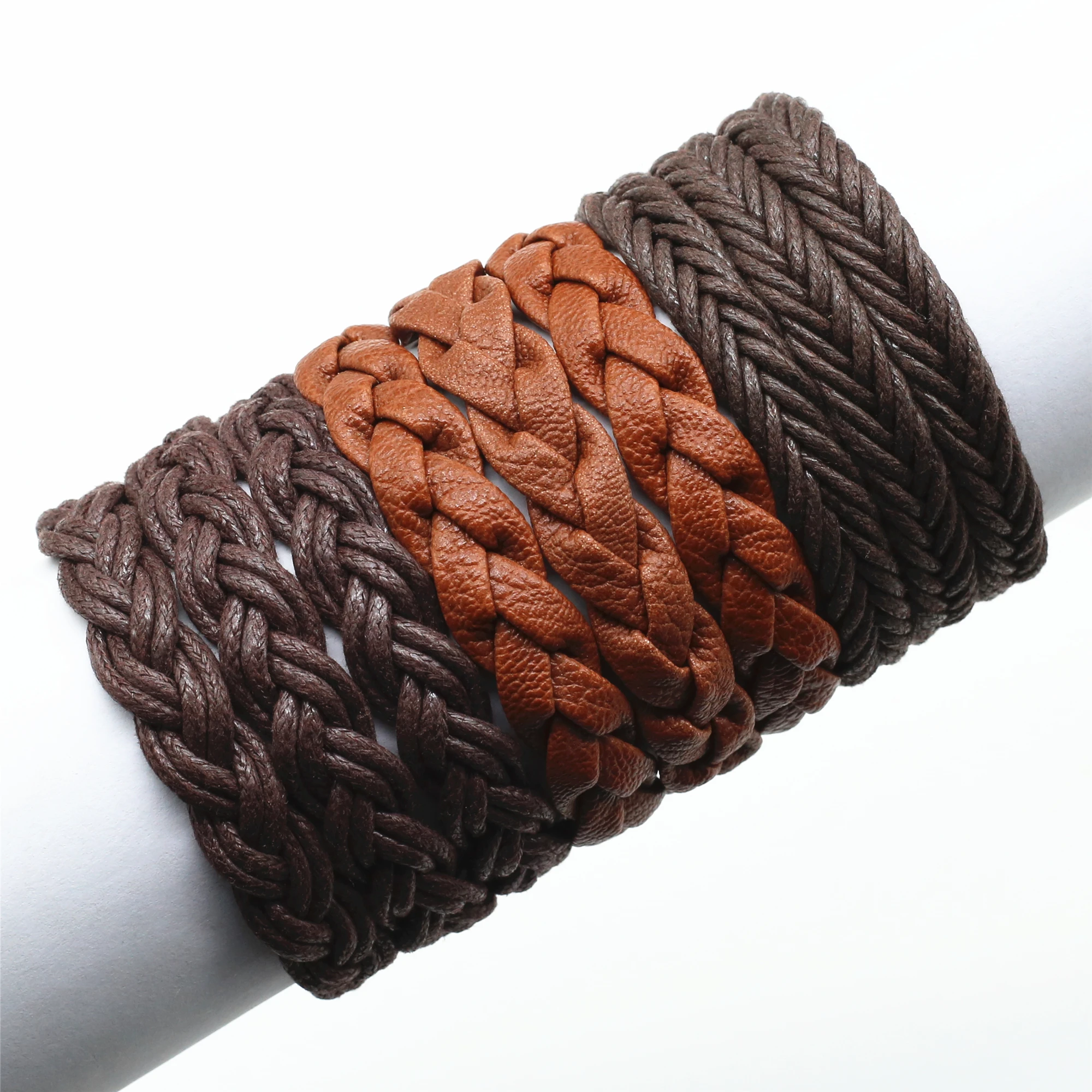 New Braided Leather Bracelets For Men Wrap Wristbands Women Khaki Brown Woven Bangle Homme Cuero Male Jewelry