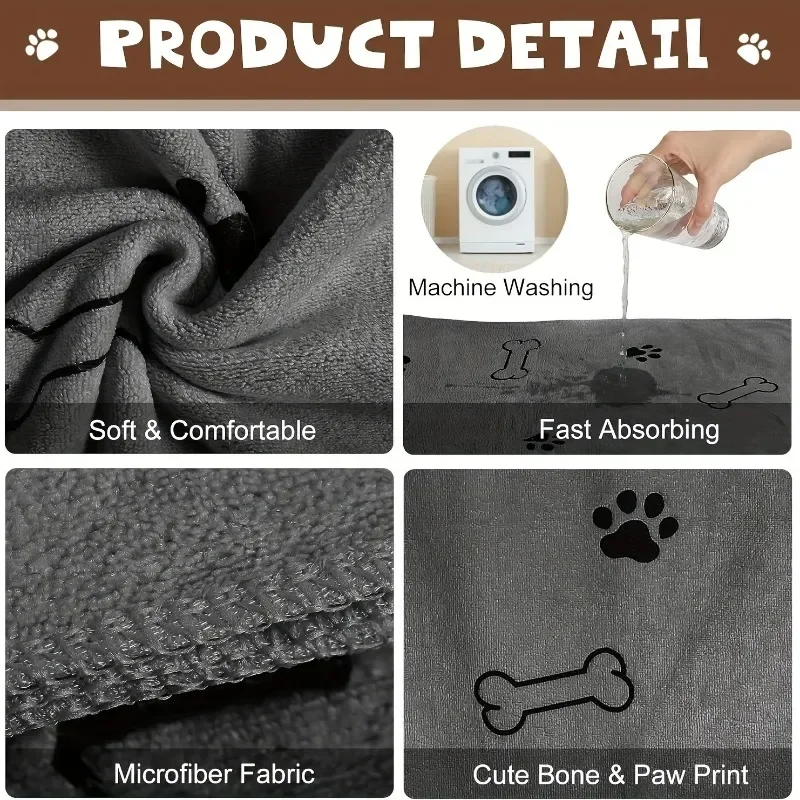 Pet Towel 60x100cm Drying Dog Cat Bath Towel Microfiber Quick-drying Dog Claw Absorbent Blue Grey Bath Towel Pets Bath Products