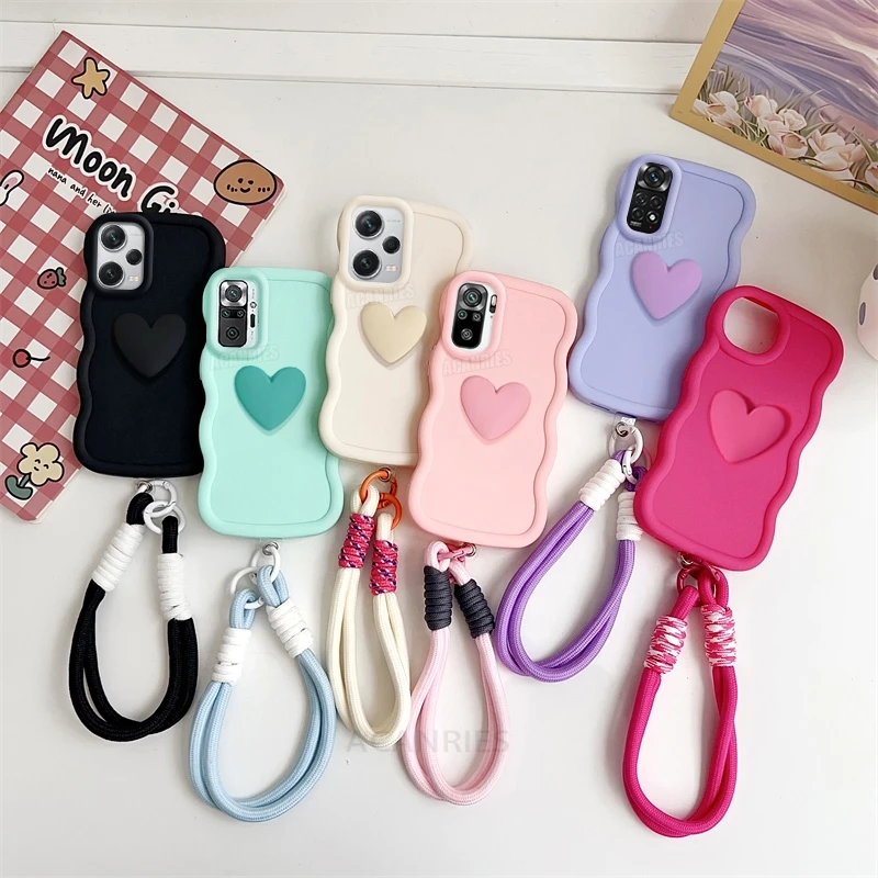 Note10s Love Heart Wavy Silicone Case On For Xiaomi Redmi Note 10 11 9 8 12 Pro 4g 5g 10s 11s 9s 10c Lanyard Wrist Strap Cover