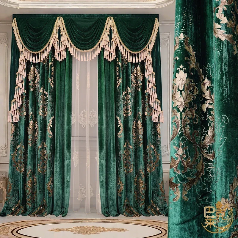 Dark Green High-end Customized Real Velvet Embroidered Window Curtains for Living Room Bedroom French Window Balcony Villa