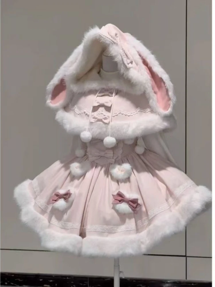 Harajuku Sweet Kawaii Winter 2 Piece Set Women Design Rabbit Ear Cloak Coat + Pink Strap Skirts Japanese Cute Bow Lovely Outfits image 2
