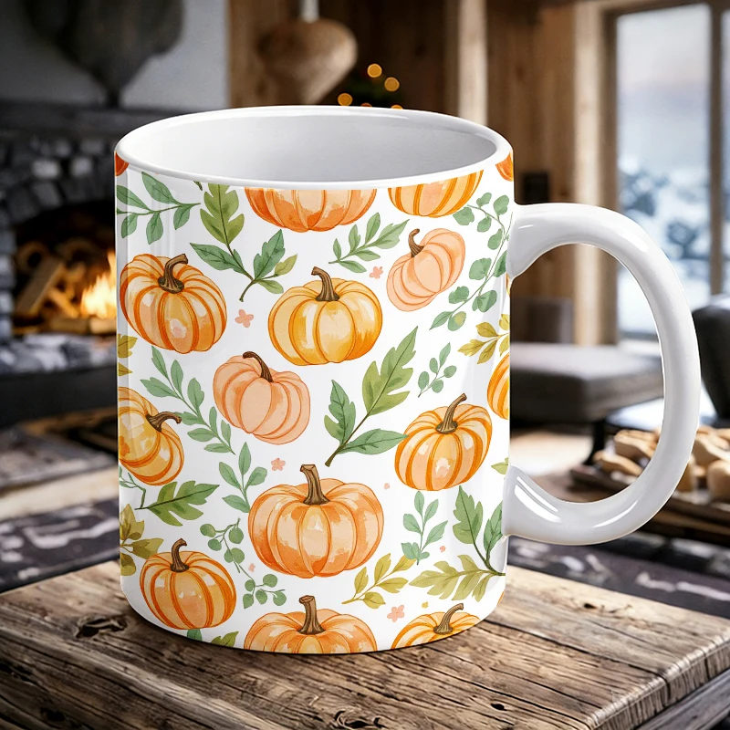 

Ceramic Coffee Mug with All-Over Print Watercolor Pumpkins&Greenery, White Fall Leaves & Vines Novelty Tea Cup,gift for a friend