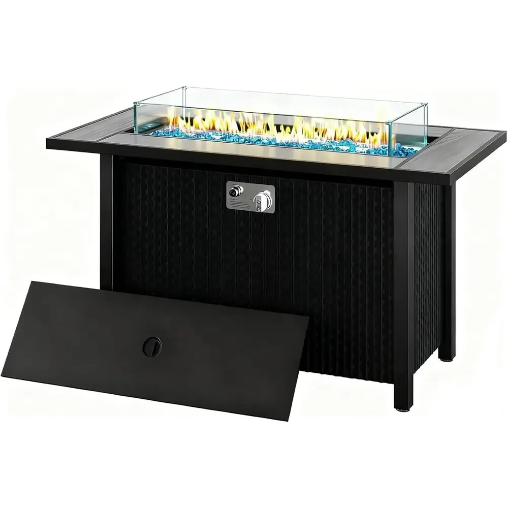 45 Outdoor Propane Gas Fire Pit Table, 50,000 BTU Patio Heater with Glass Wind Guard, Dining Table, Blue Glass Rocks & Waterproo