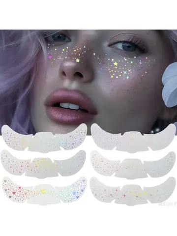 6 Sheets Glitter Freckles Holographic Stickers Heart Freckle Tattoos Glitter Stickers Waterproof Temp Tattoos