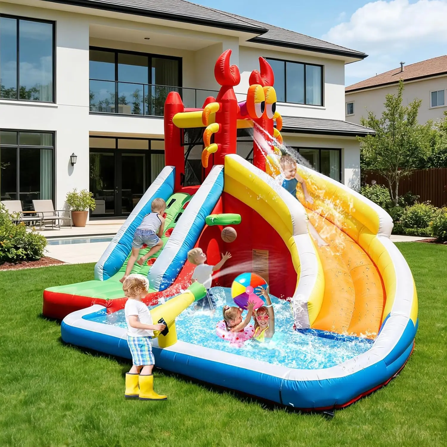 Large Inflatable Bounce House with Water Slide for Kids - Includes Splash Pool, Climbing Wall, Basketball Hoop & Water Gun for Indoor/Outdoor Backyard Parties - Comes with Air Blower, Repair Kit, Carrying Bag view 2