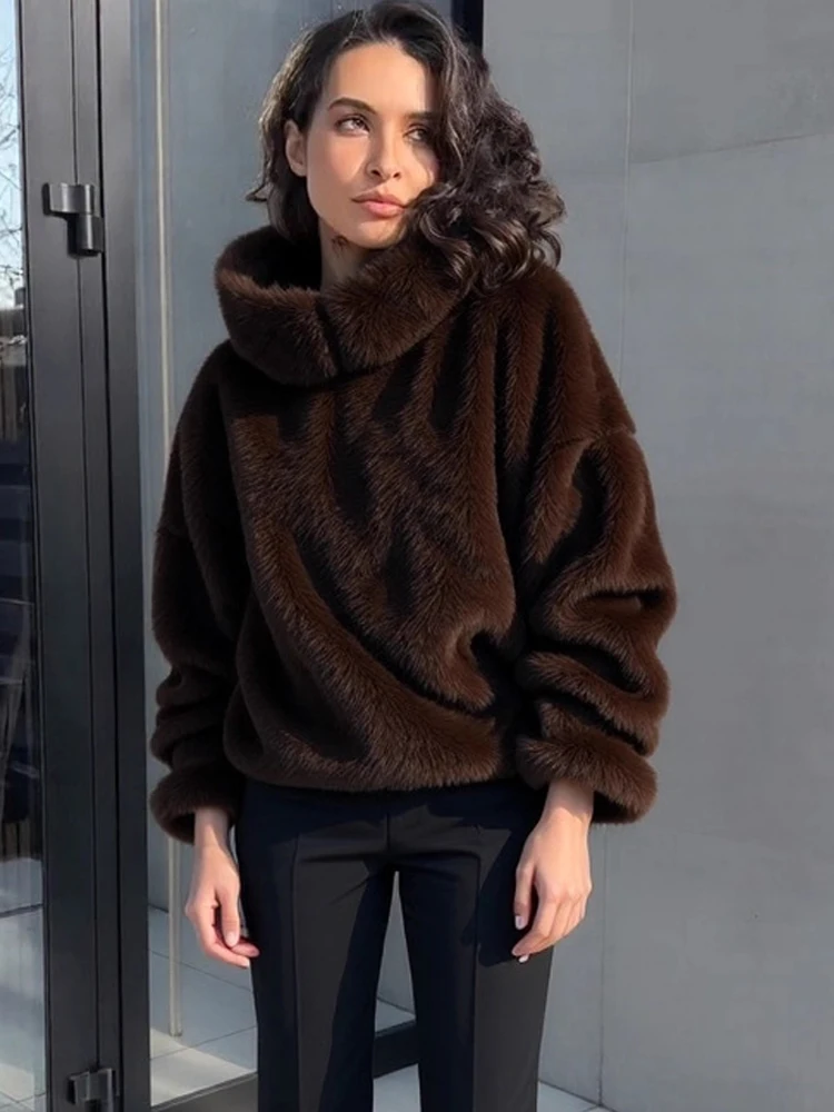 Vintage Women Faux Mink Fur Hoodies New Autumn Outerwear 2026 Warm Thick Loose Pullovers Long Sleeve Top Lady Street Coat
