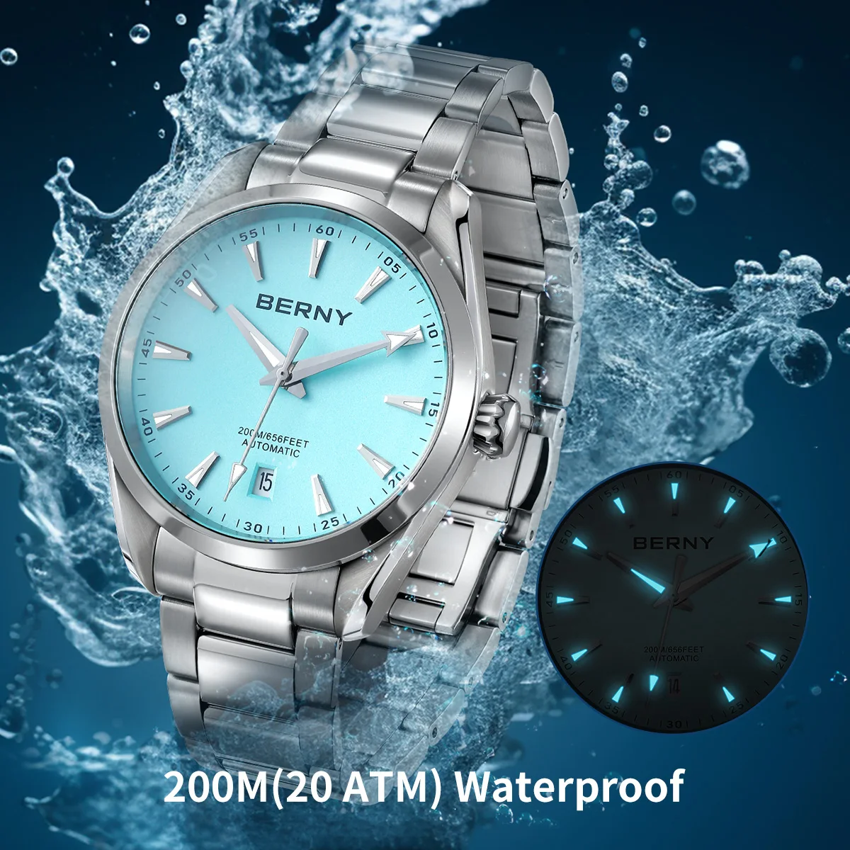 BERNY Automatic Watch for Men Mechanical Wristwatch Waterproof 20ATM Stainless Steel Luxury Sapphire NH35 Automatic Watch Men