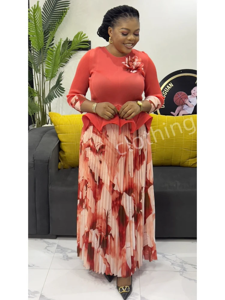 ANLAN A-line Skirts Pleated Set Women Fashion Ruffle Hem Flower Top + Long Folds Skirt Two Pieces Sets 2025 Spring New 2AN7905