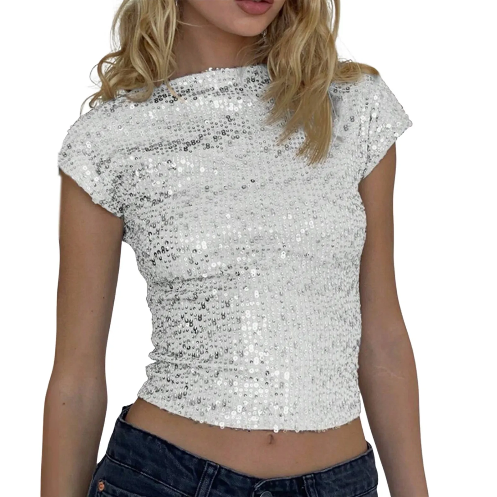 Woman Sexy Clubwear Short Sleeve Gold Glitter Sequin Crop Top Summer Backless Basic Solid Y2k Shine T-shirts
