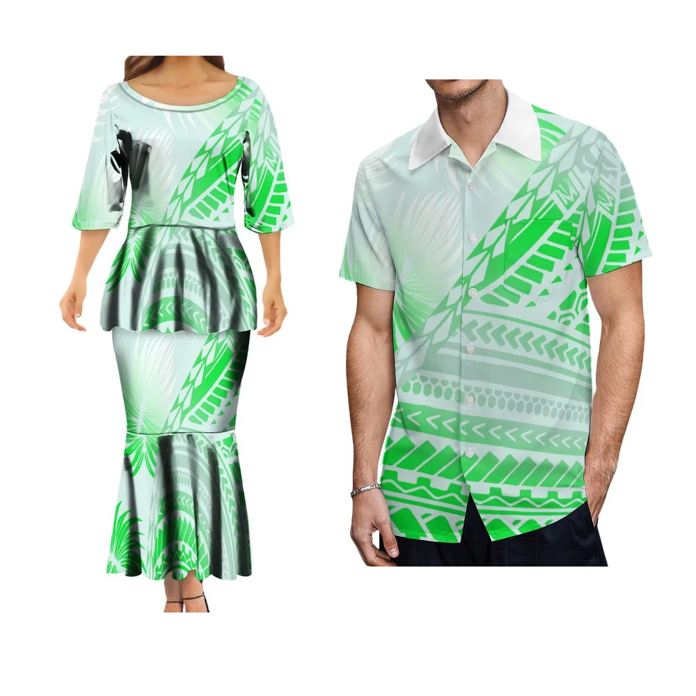 Terno de camada dupla masculino e feminino, gola redonda, impressão polinésia, design personalizado, top de camisa, vestido superior, casal, festa, conjunto 2 peças