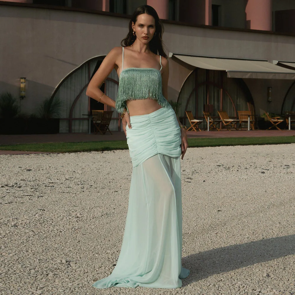 

New Arrival Mini Green See Thru Long Chiffon Women Skirts Folded Chiffon Maxi Skirt Bridal Saias Party Skirt